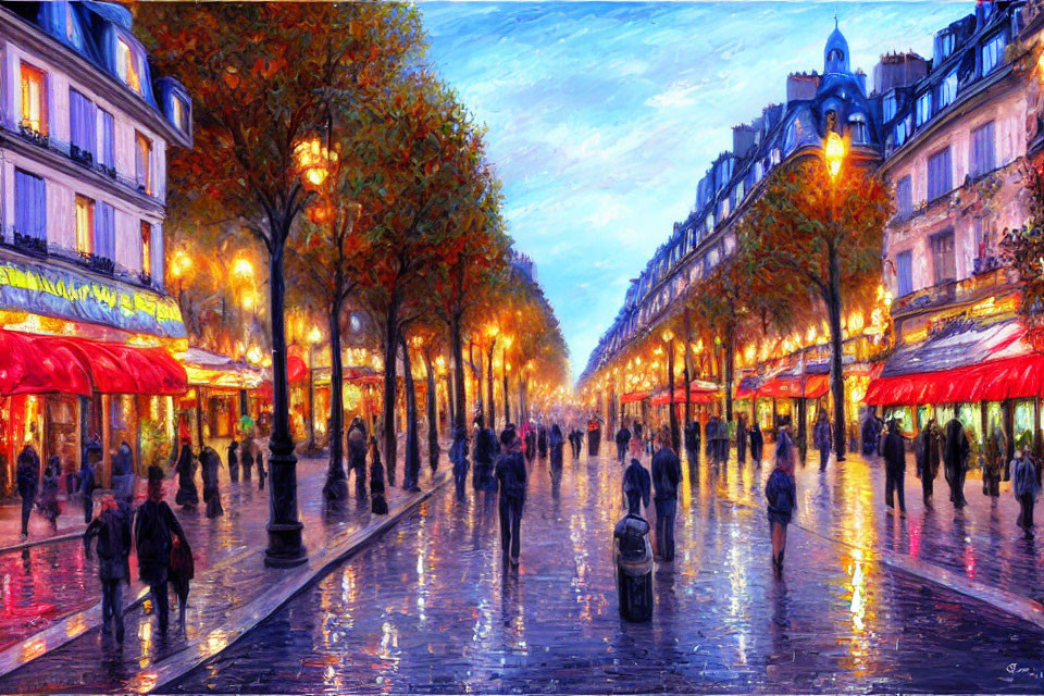 City street scene at dusk with pedestrians, illuminated trees, and glowing storefronts