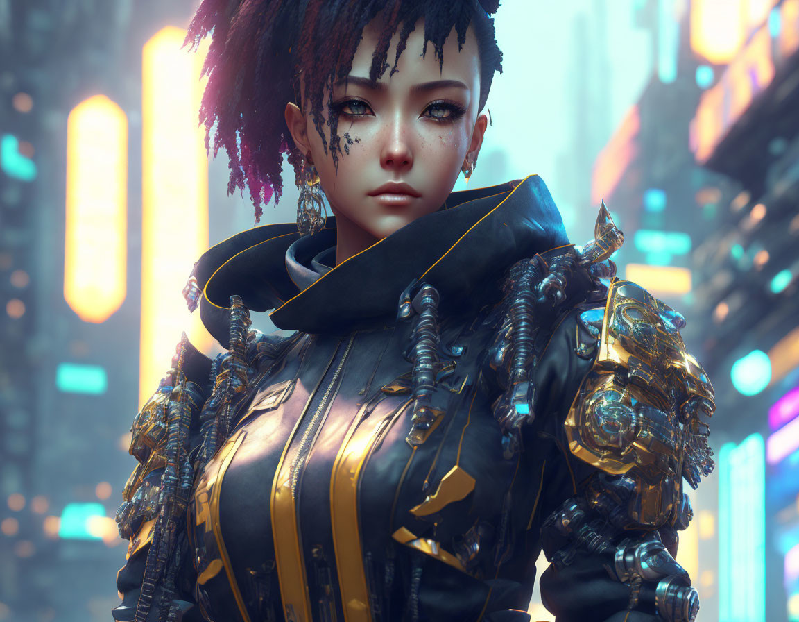 Futuristic woman with cybernetic enhancements in black and gold armor against neon-lit cityscape