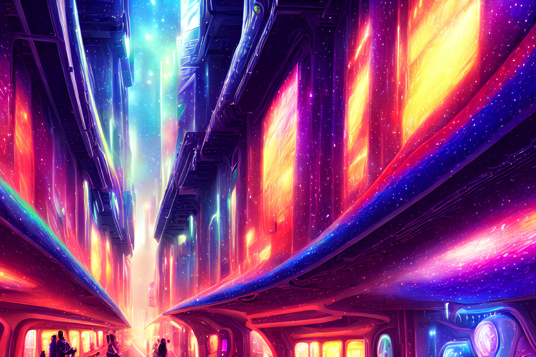 Futuristic sci-fi cityscape with neon-lit skyscrapers under cosmic sky