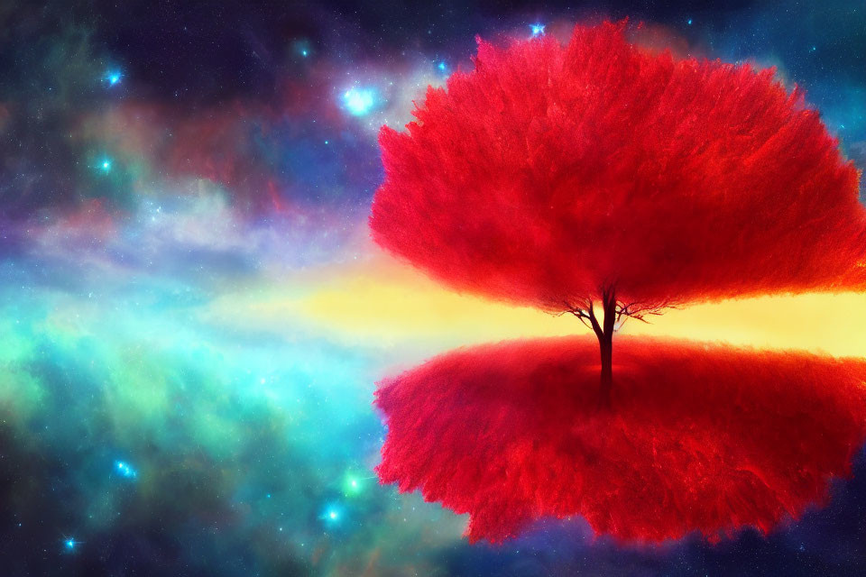 Colorful digital artwork: Solitary tree with red foliage against cosmic backdrop