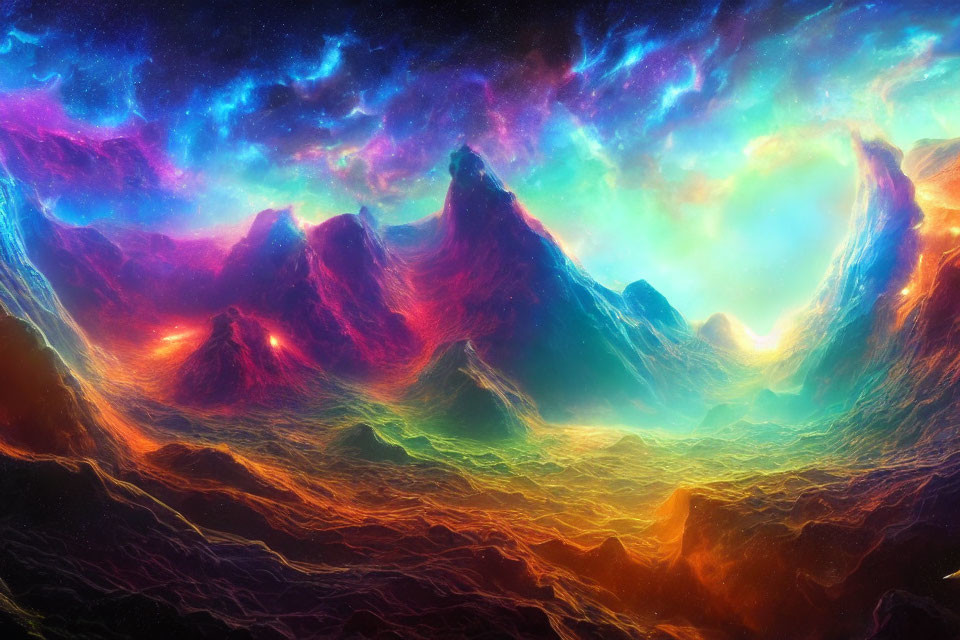 Colorful digital artwork of mountainous terrain with luminous nebula sky