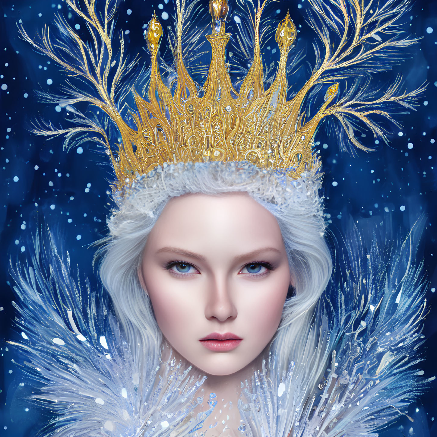 Pale-skinned woman in ornate golden crown on dark blue background with snowflakes