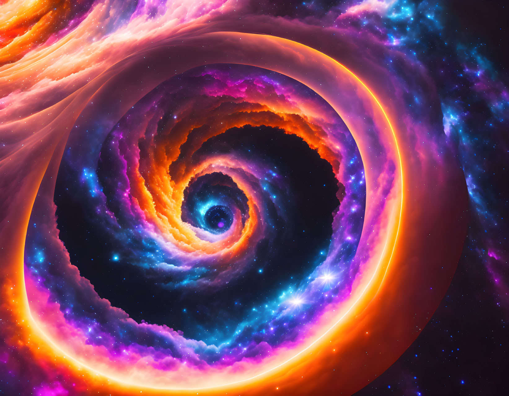 Colorful swirling galaxy artwork in orange, purple, and blue hues