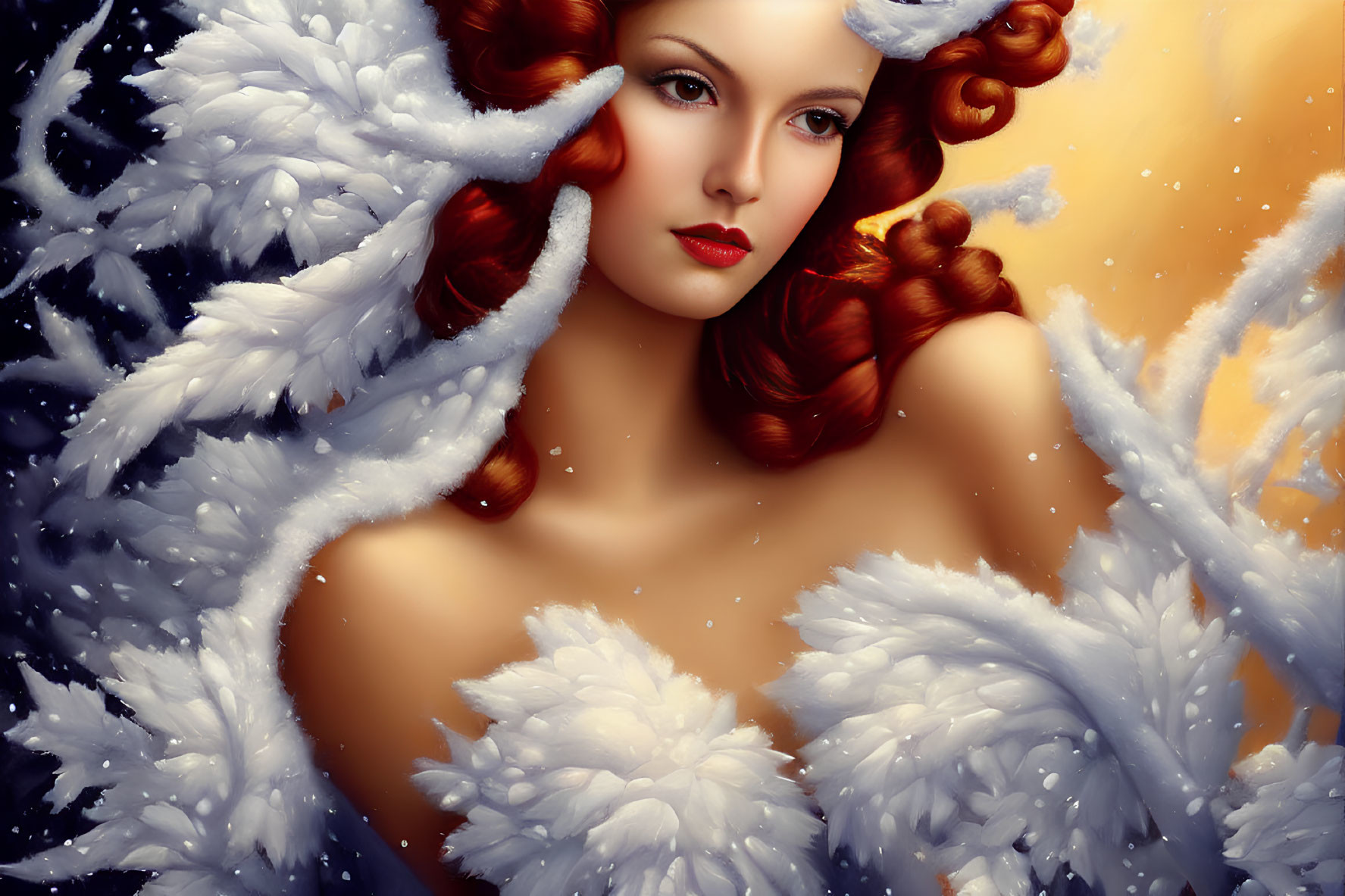 Red-haired woman in winter-themed digital art portrait