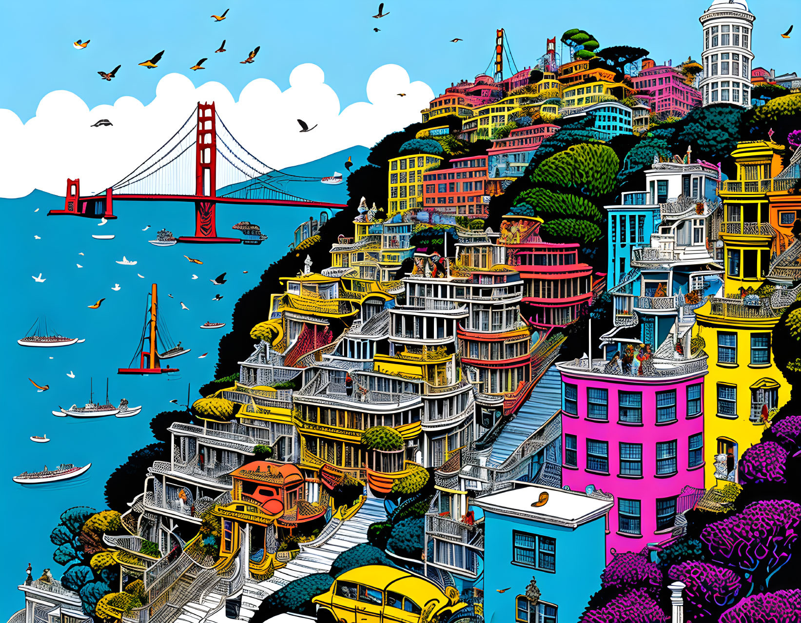 Vibrant coastal cityscape with suspension bridge, boats, and birds