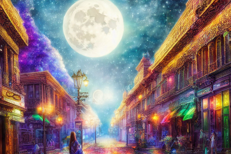 Colorful Night Street Scene with Moon, Ornate Buildings, and Glowing Lanterns