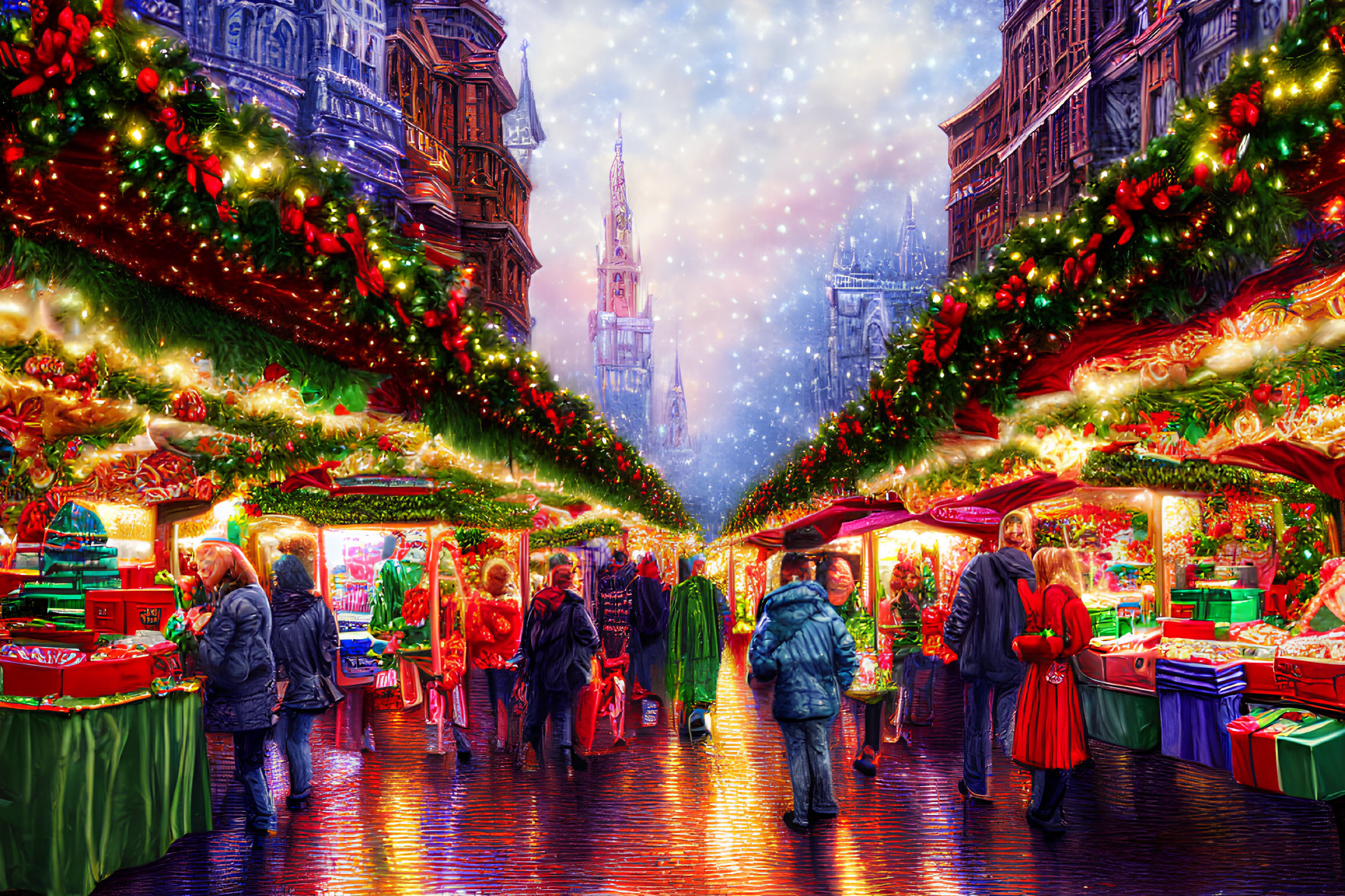 Colorful Christmas market with festive stalls and lights