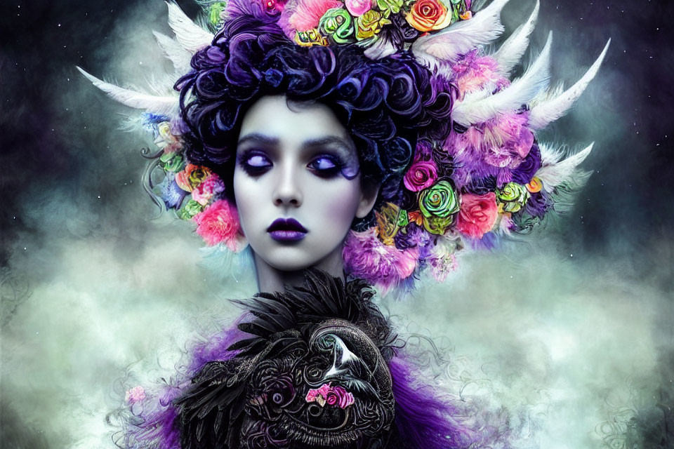 Fantasy portrait of a woman with purple makeup, floral headdress, and misty background