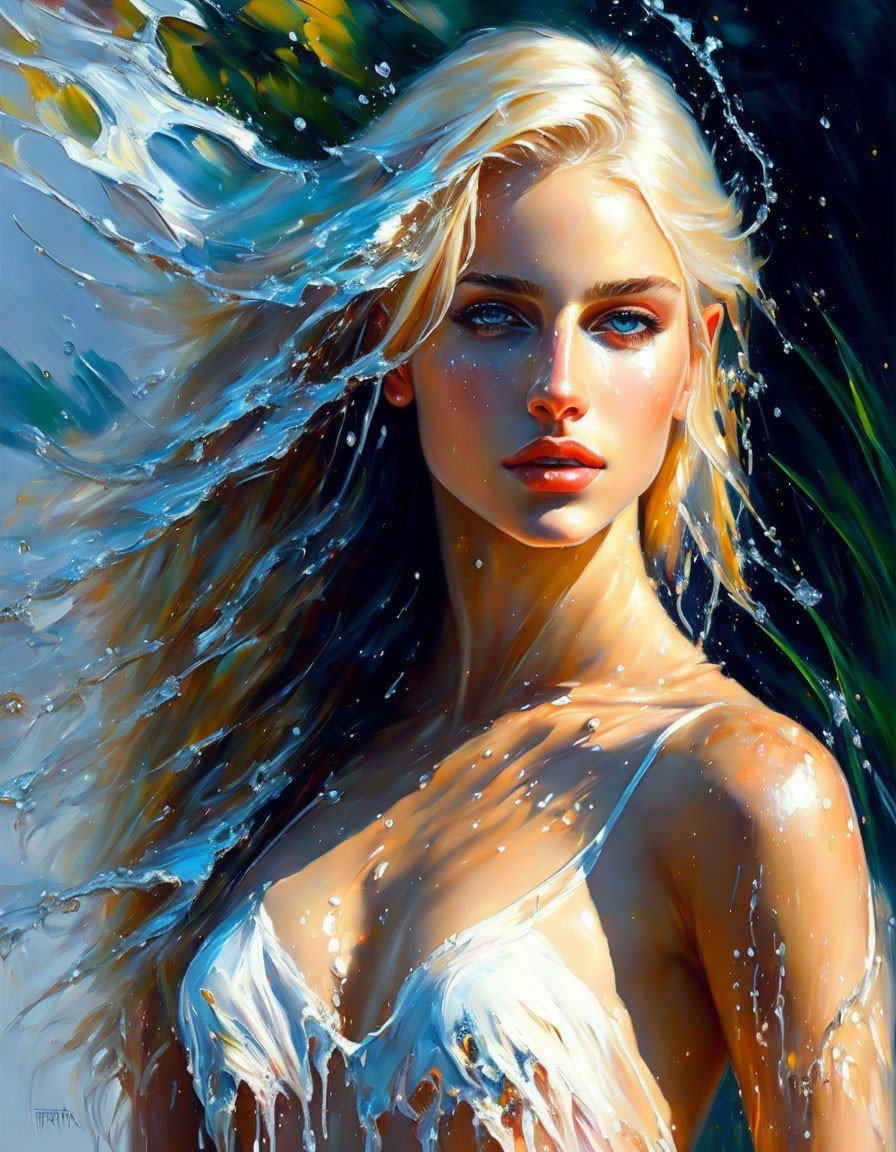 Portrait of woman with blonde hair and blue eyes in motion with water droplets.