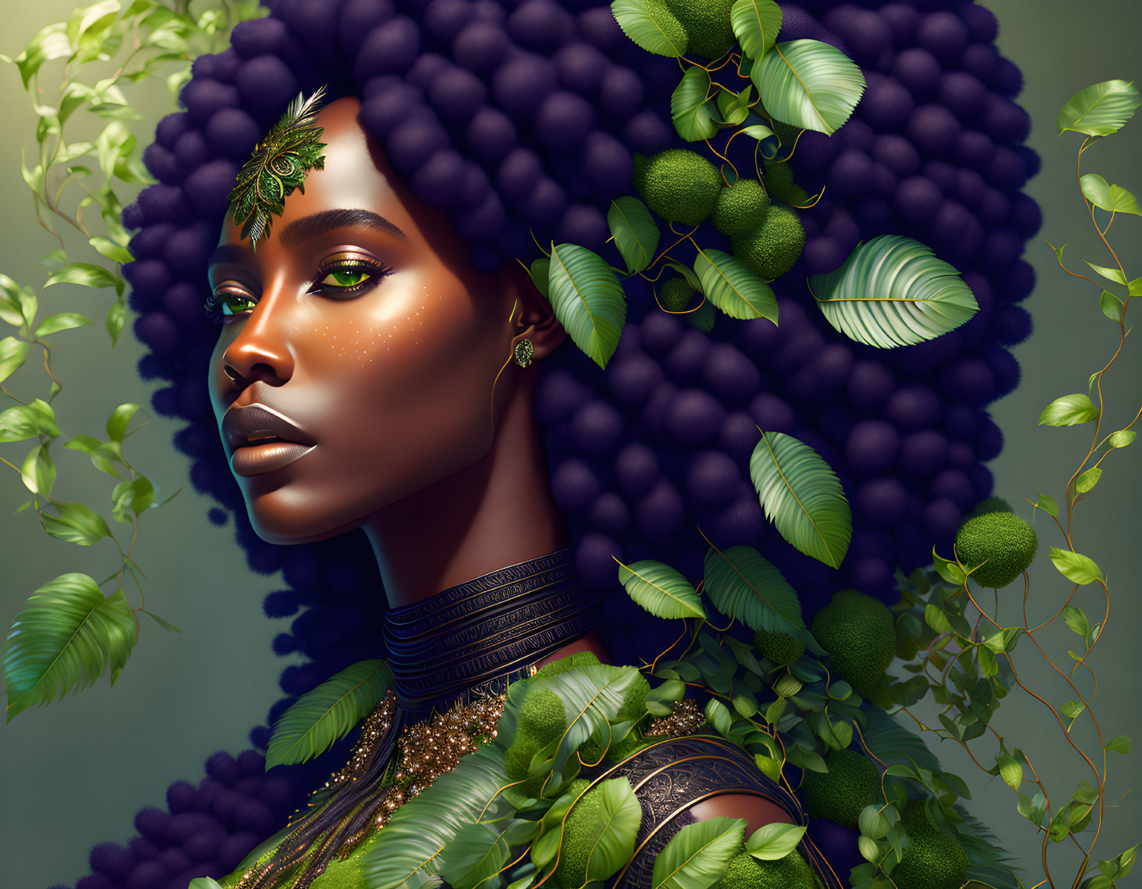 Digital artwork featuring regal woman with grapevine adornments