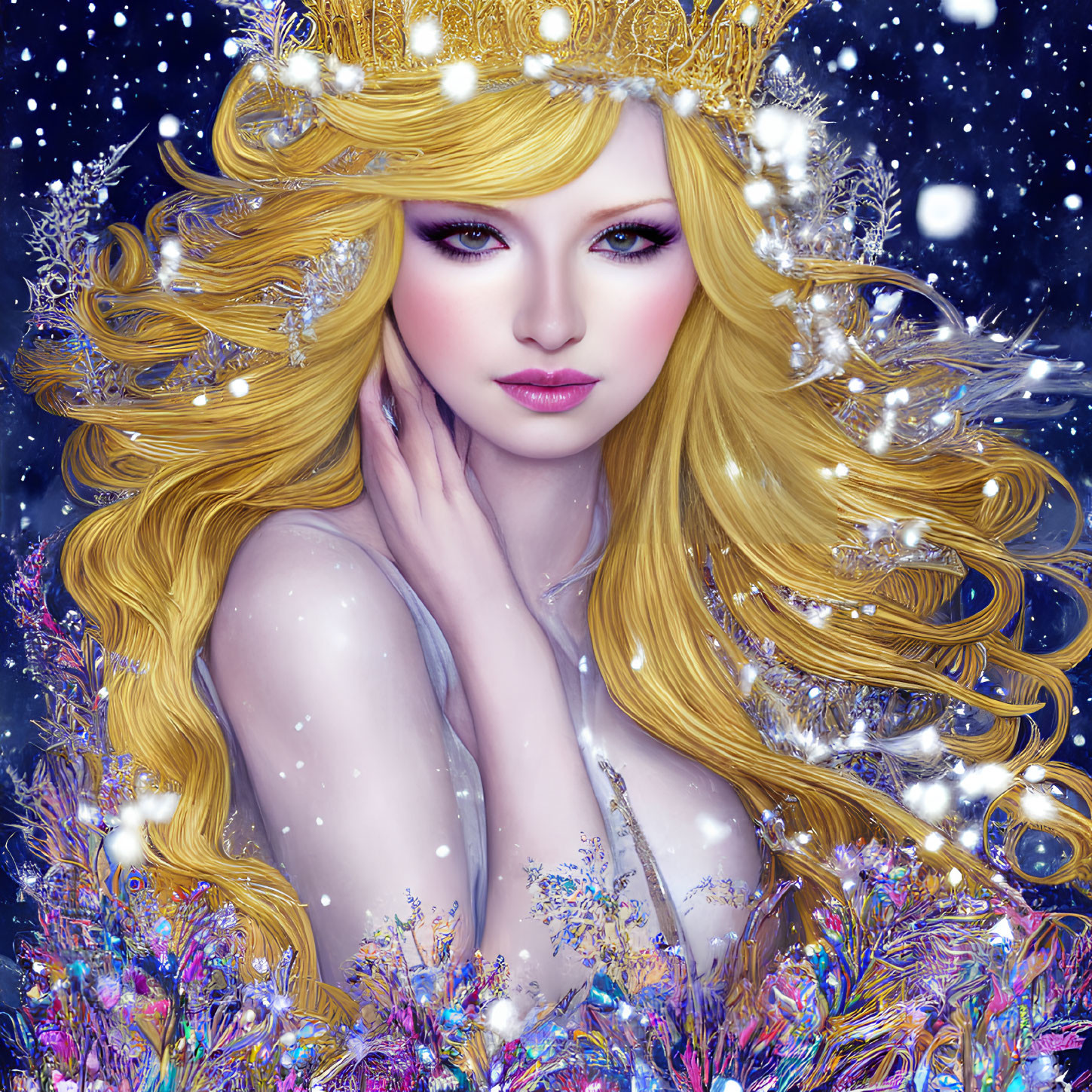 Fantasy woman with long blond hair and sparkling crown in snowy scene