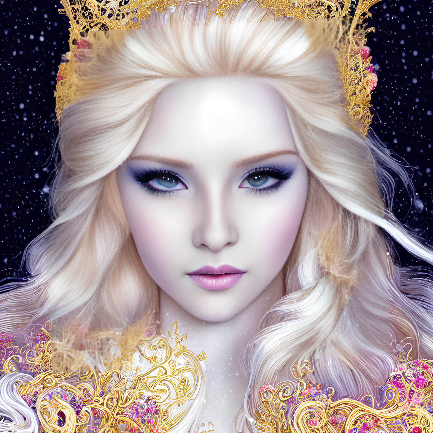 Digital artwork of woman with platinum blonde hair, blue eyes, golden crown, starry backdrop