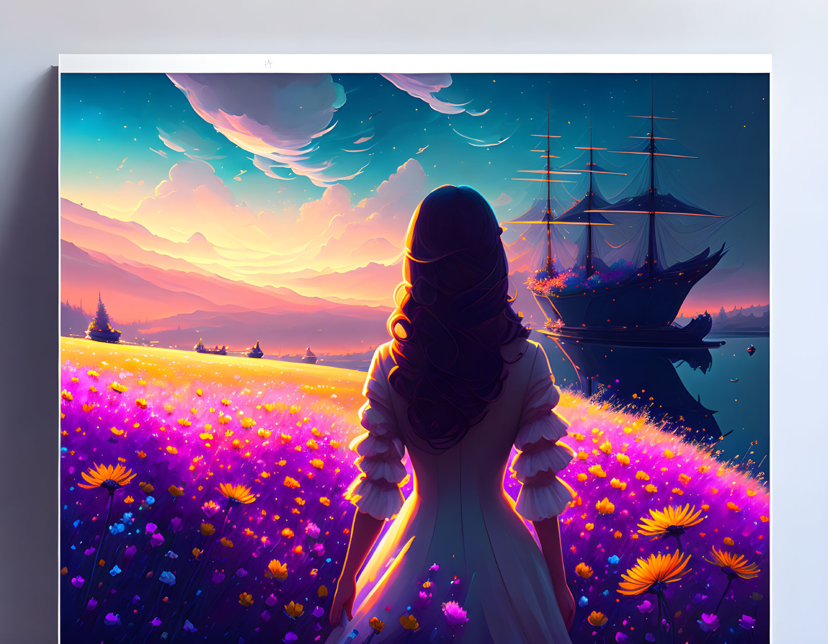 Woman admires pink and blue sunset in flower field with distant sailing ship