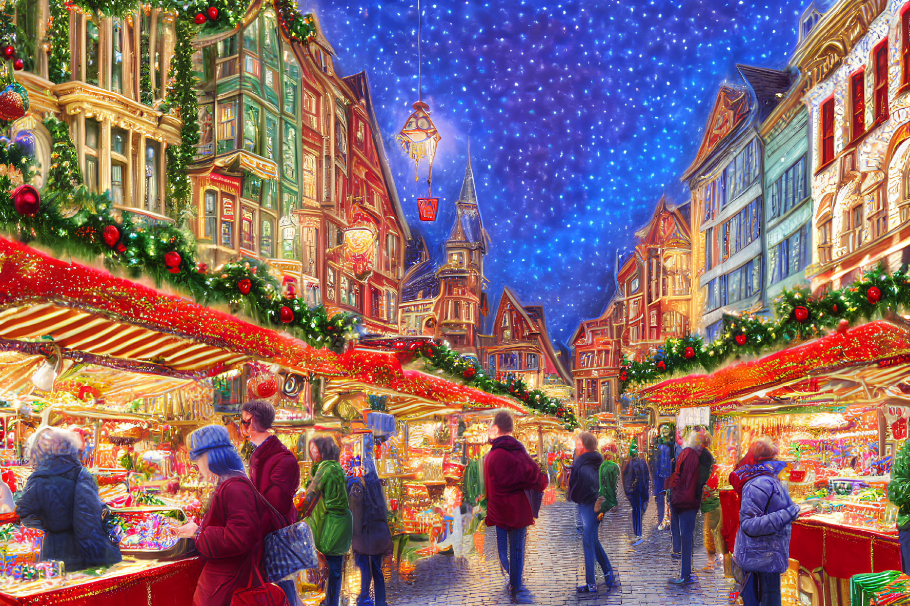 Festive Christmas market with lights and decorations