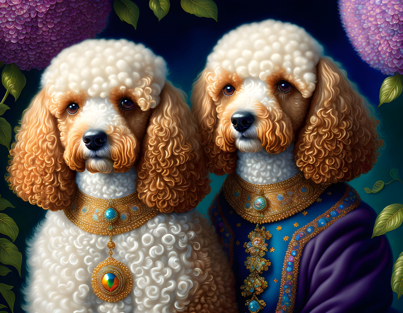 Regal poodles in ornate collars and royal attire on dark background.