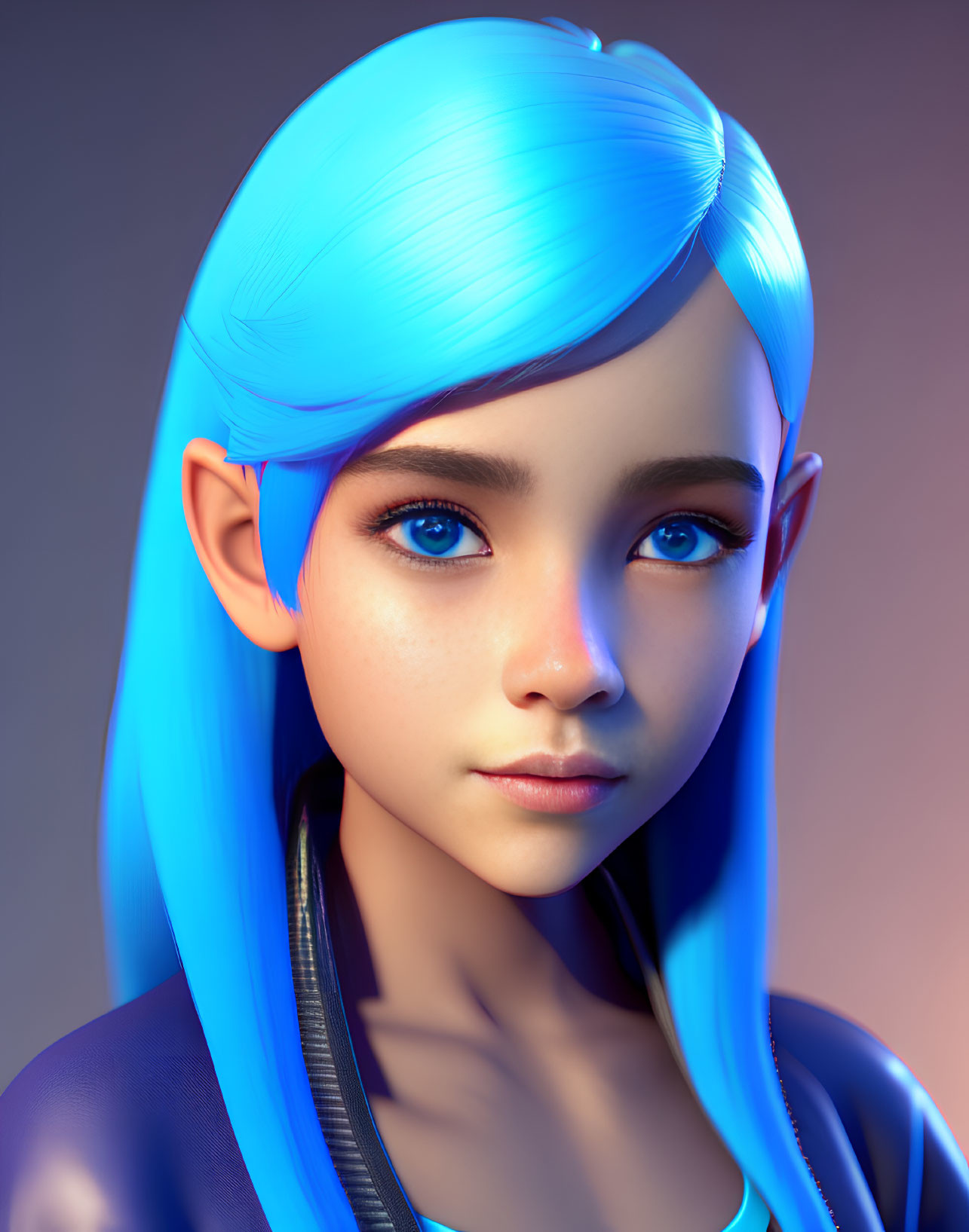 Blue-haired girl with elf ears in 3D portrait.