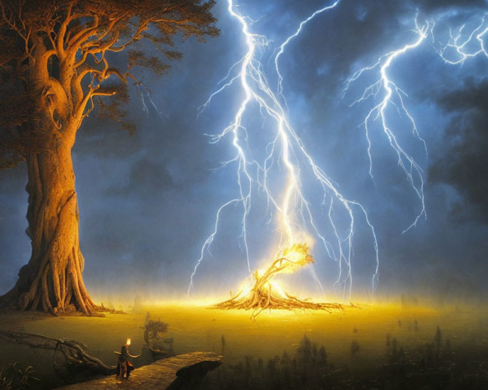 Person observes lightning strike igniting tree in mystical twilight landscape