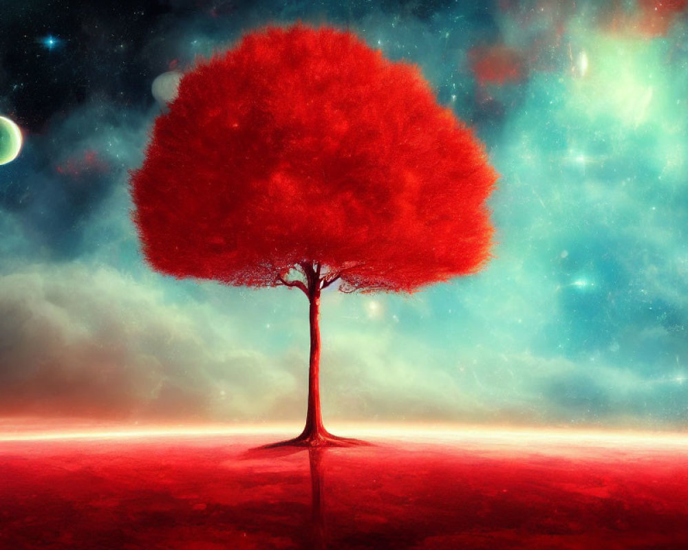 Vibrant red tree against cosmic backdrop with stars and nebulae