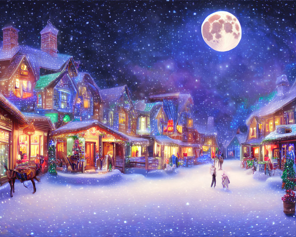 Snow-covered winter village scene with holiday decorations, horse-drawn carriage, and starry sky.