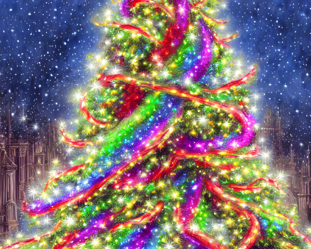 Colorful lights adorn Christmas tree in snowy gothic setting