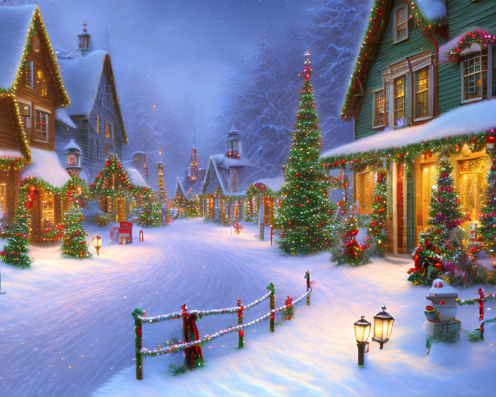 Snow-covered streets, Christmas trees, and illuminated houses in winter twilight