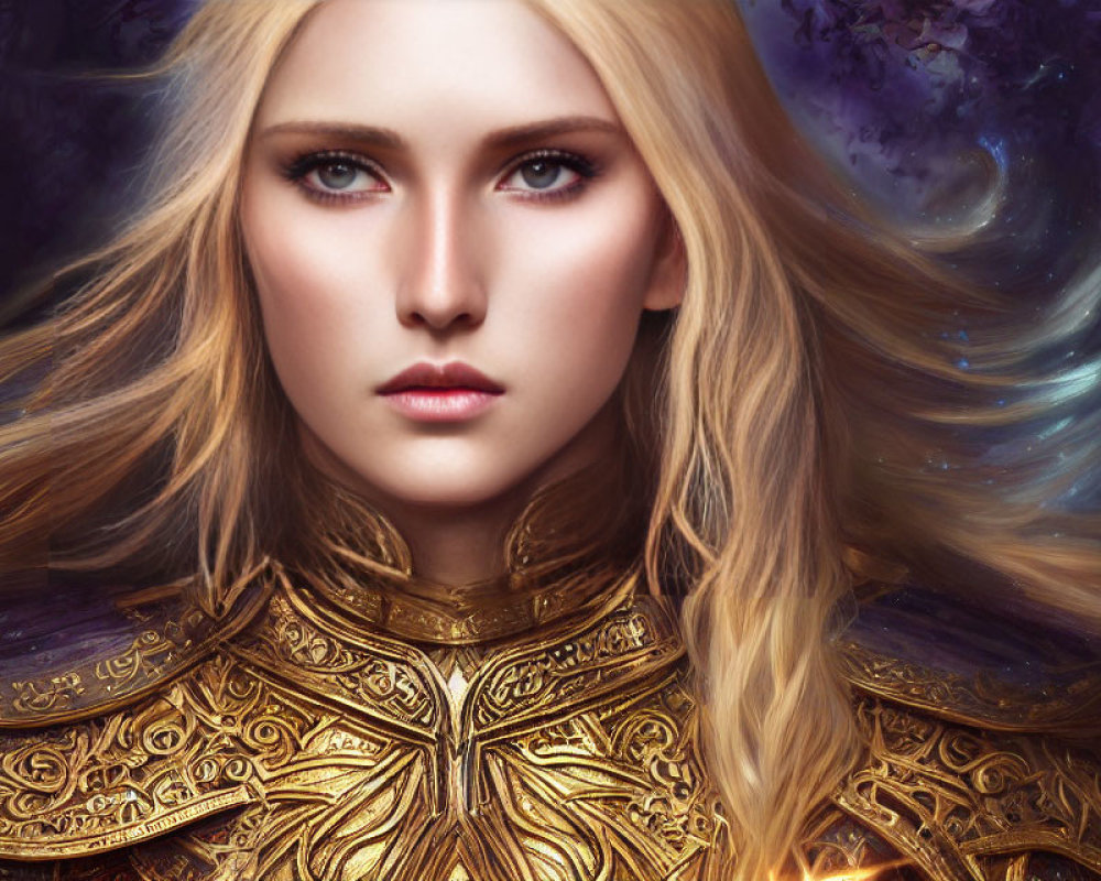 Blonde woman in golden armor with galactic background