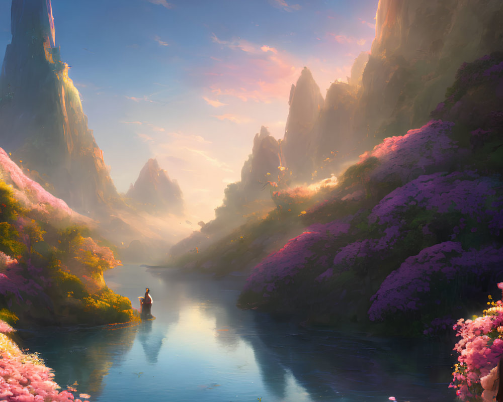 Tranquil landscape with rowboat on calm river and pink flowering trees