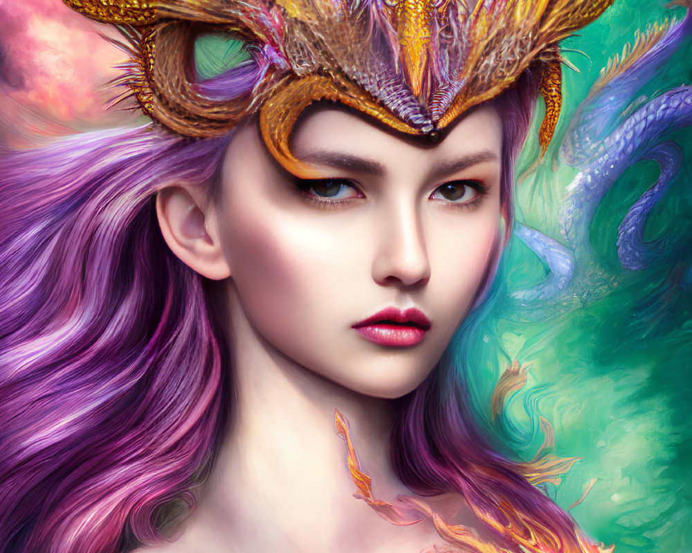 Vibrant Purple Hair Woman with Golden Dragon Headdress