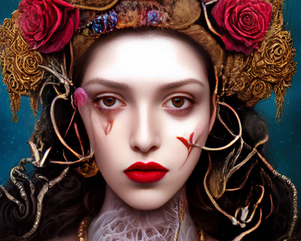 Elaborate digital artwork of woman in golden headgear with roses