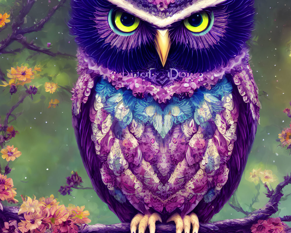 Colorful Digital Art of Stylized Owl Perched on Branch with Pink Blossoms