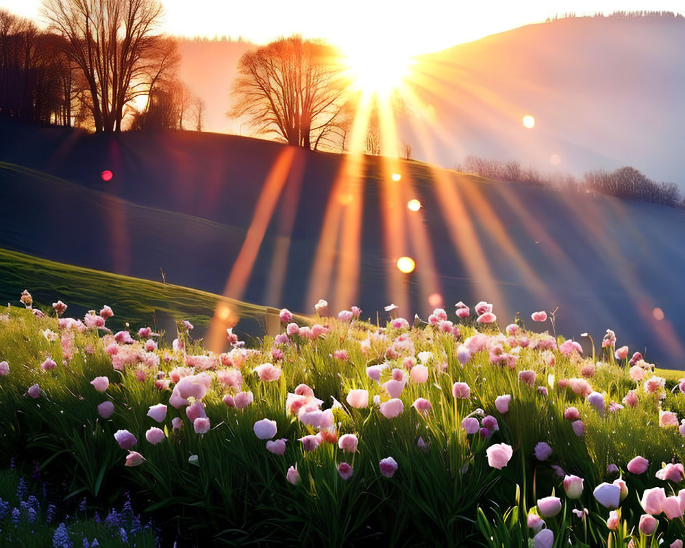 Scenic sunrise over pink flower field and green hills