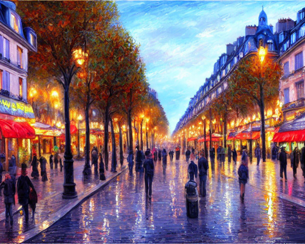 City street scene at dusk with pedestrians, illuminated trees, and glowing storefronts