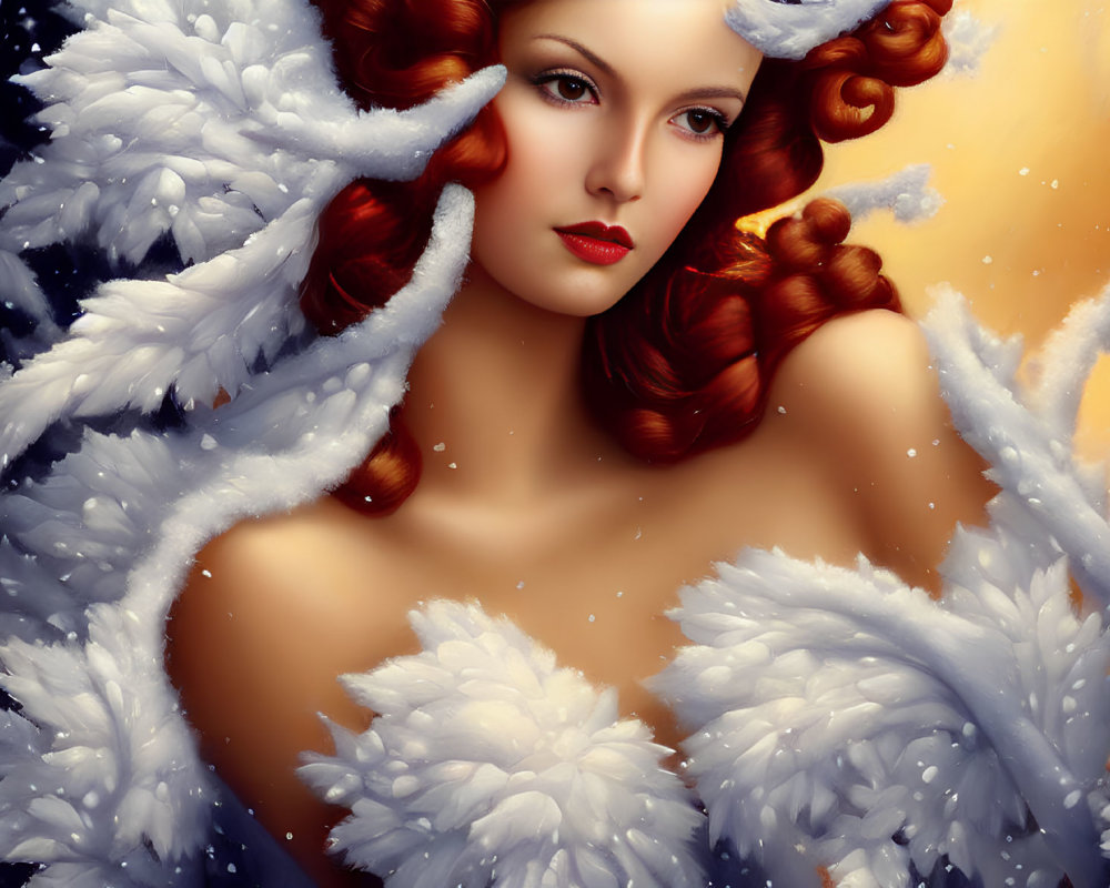 Red-haired woman in winter-themed digital art portrait