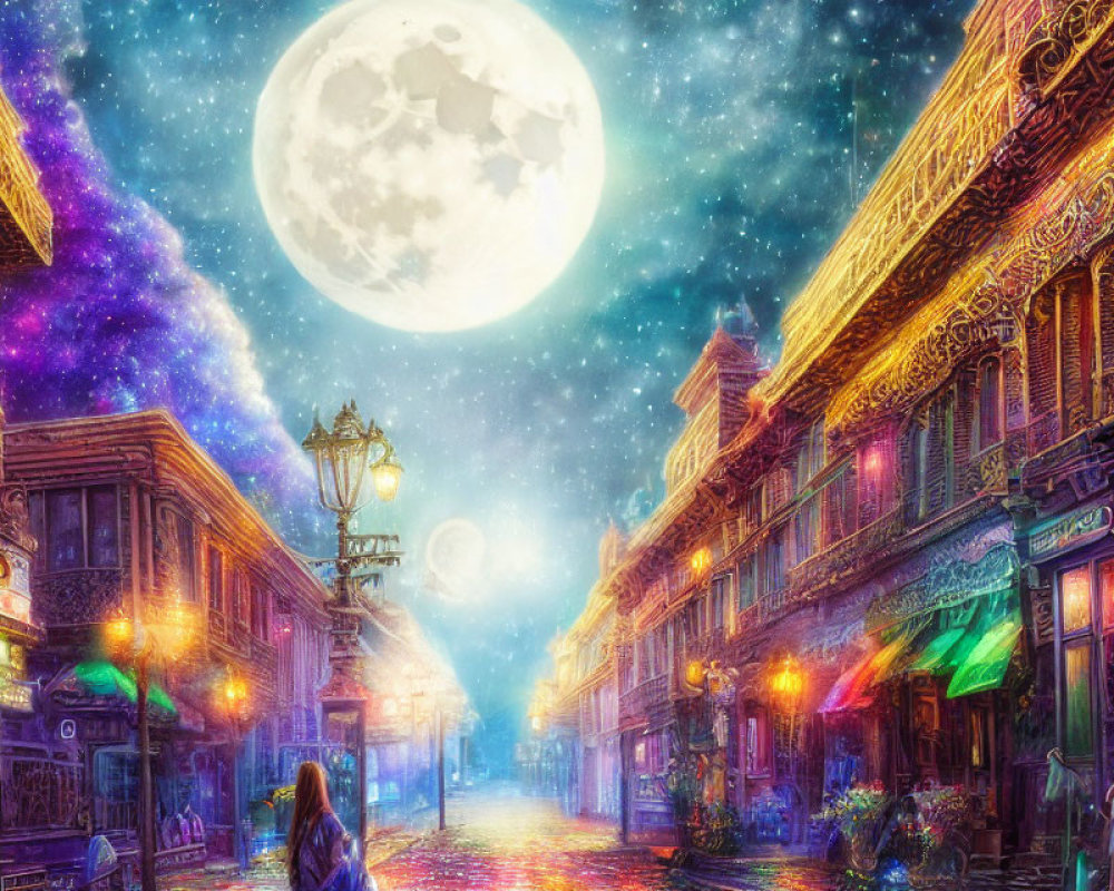 Colorful Night Street Scene with Moon, Ornate Buildings, and Glowing Lanterns