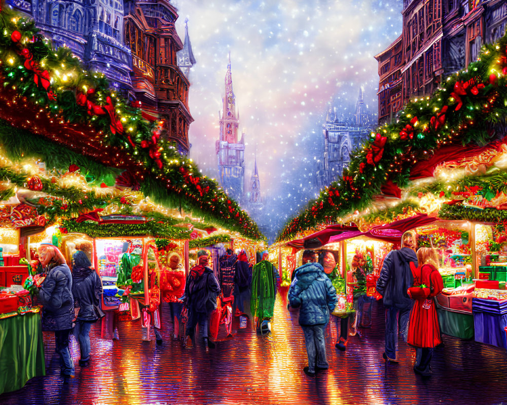 Colorful Christmas market with festive stalls and lights