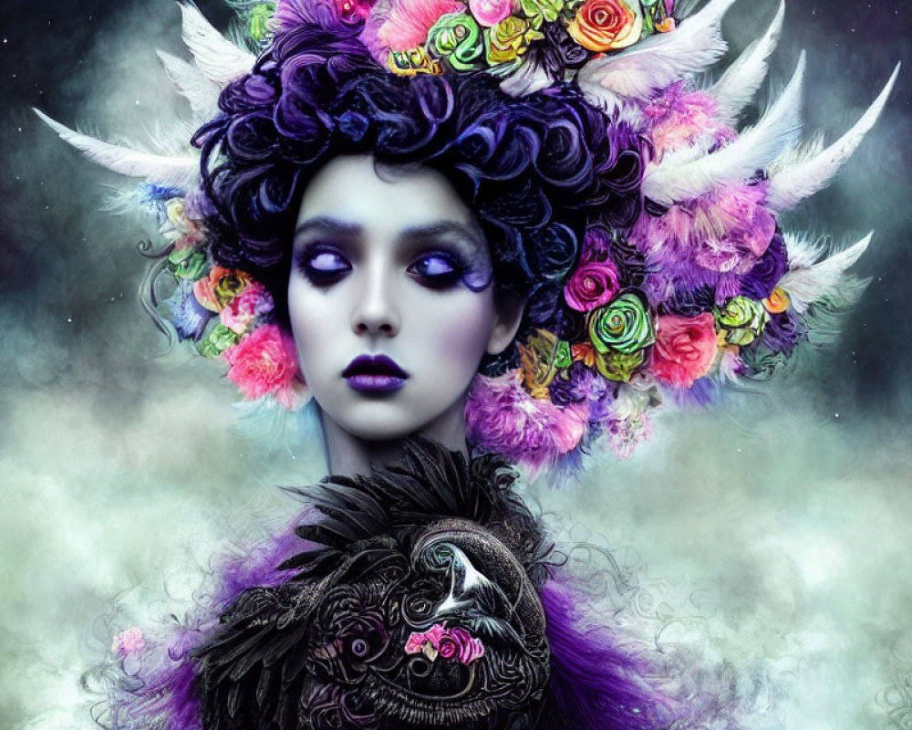 Fantasy portrait of a woman with purple makeup, floral headdress, and misty background