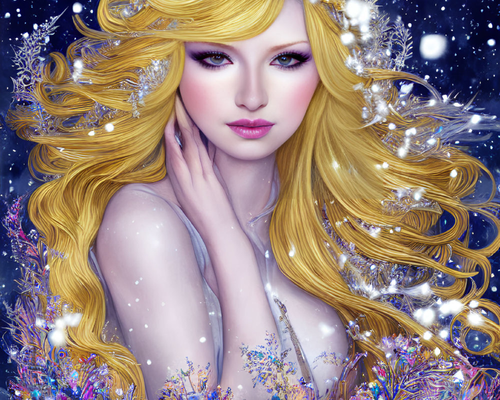 Fantasy woman with long blond hair and sparkling crown in snowy scene