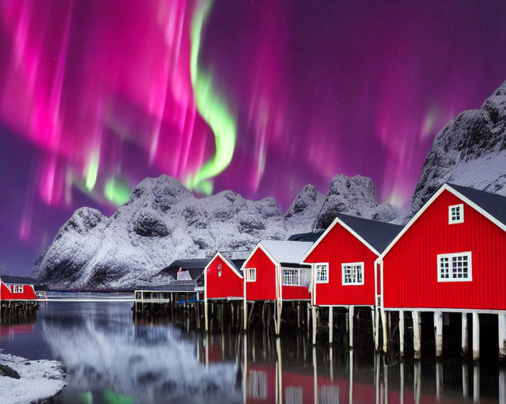 Northern Lights illuminate red cabins over lake and snowy mountains.