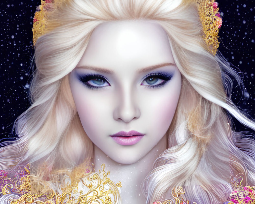 Digital artwork of woman with platinum blonde hair, blue eyes, golden crown, starry backdrop