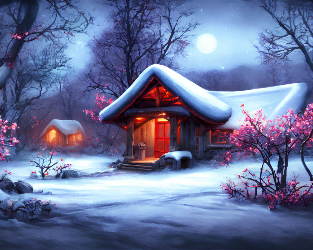 Snow-covered cabin surrounded by blooming cherry trees on winter night