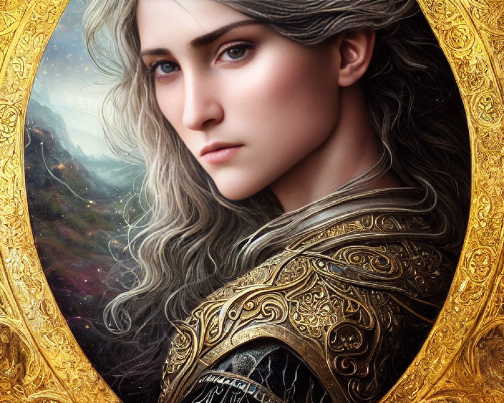 Fantasy portrait of an elf woman in ornate golden armor with circular border.