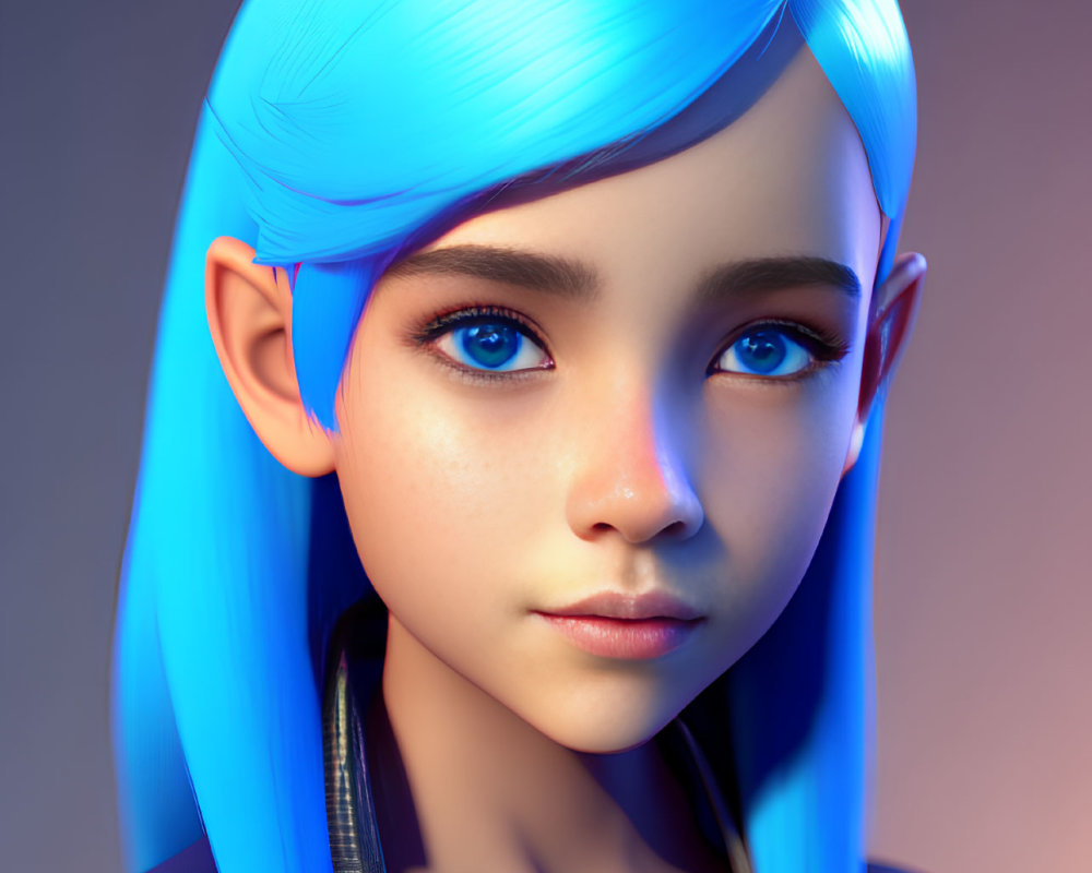 Blue-haired girl with elf ears in 3D portrait.