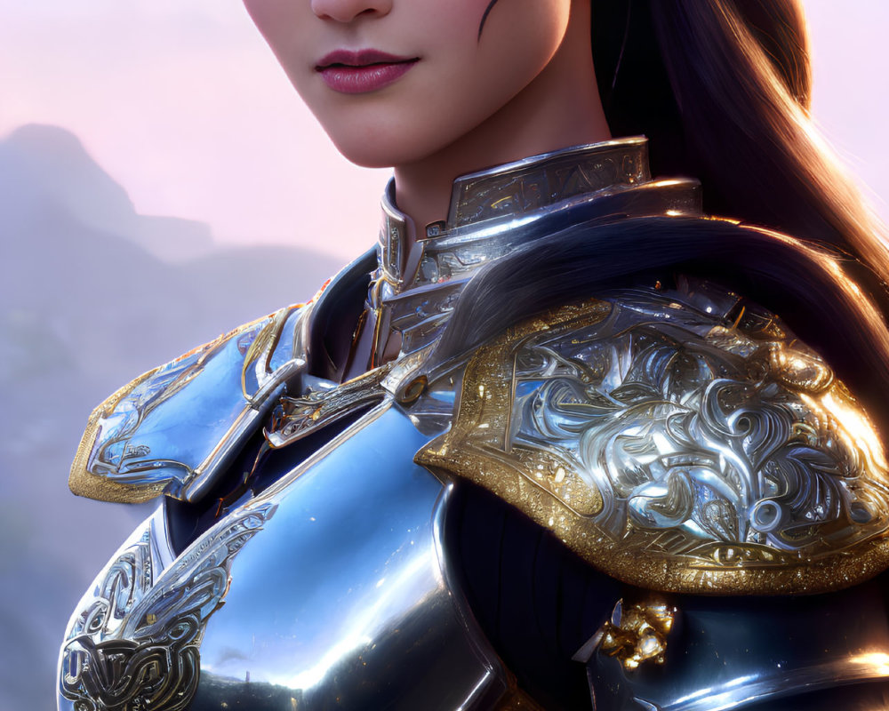 Digital portrait of serene female warrior in ornate armor against mountainous backdrop