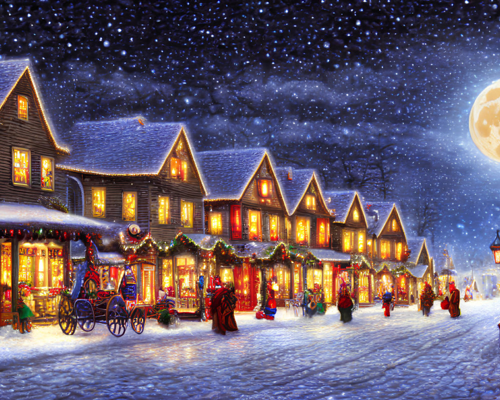 Snowy Night Street Scene: Festive Decorated Houses, Full Moon, Shopping People, Santa's