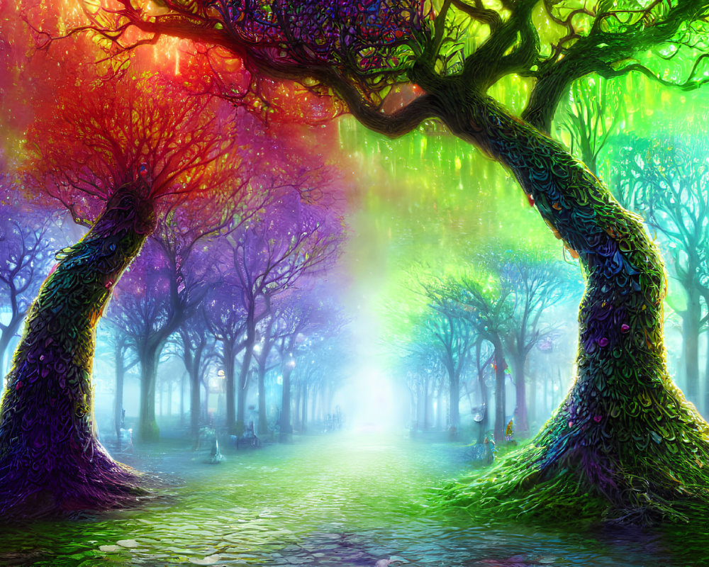 Colorful Pathway Flanked by Twisted, Multi-Hued Trees