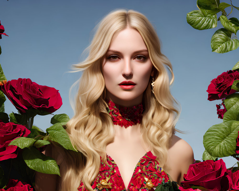 Blonde woman in red floral dress surrounded by roses on blue sky.