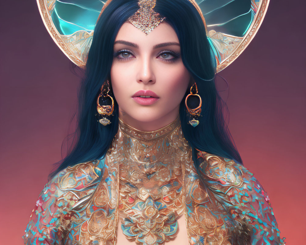 Digital artwork featuring woman with blue-black hair and gold-trimmed horns against warm gradient background