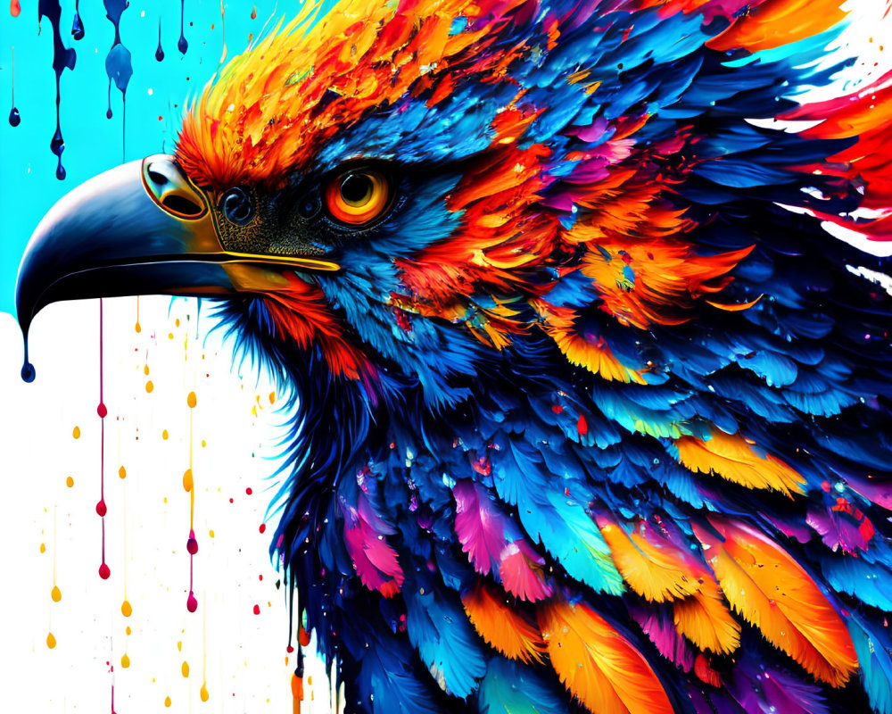 Colorful digital art: Eagle with bright, dripping colors on feathers