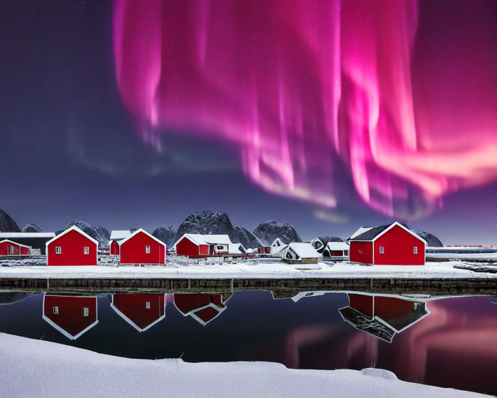 Snow-covered red wooden cabins by tranquil lake under purple night sky with vibrant aurora borealis