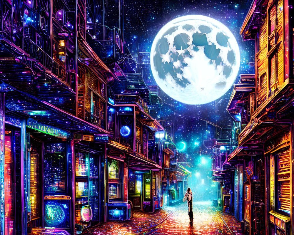 Vibrant cyberpunk cityscape with neon signs and moonlit sky